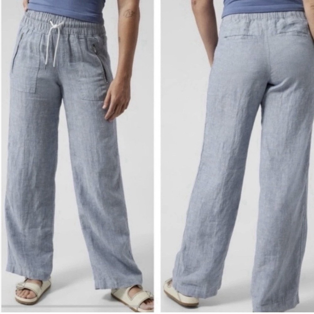 Athleta Cabo Linen Wide Leg‎ Pants Blue Chambray Textured Summer Plus Size 24